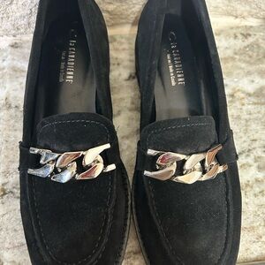 La CANADIENNE Black Suede Loafers with Silver Chain